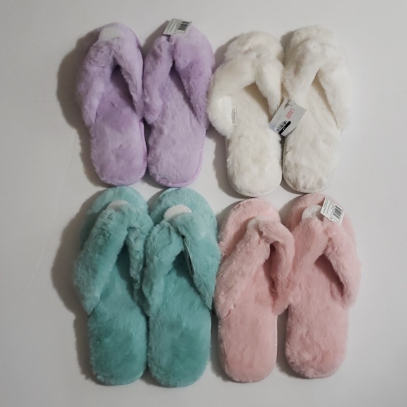 NEW Flip Flop Slippers Thong Faux Fur Pastel S M L - Picture 2 of 8